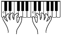 Outline of left and right hands positioned on a piano keyboard, with C keys marked